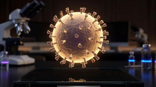 Cinematic 3D rendering of a single HANTAVIRUS particle glowing and suspended within a dramatic, dark biological research laboratory, symbolizing medical breakthrough and disease study