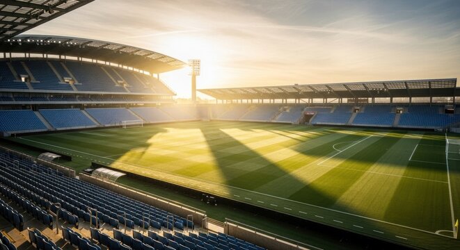 Empty soccer stadium at sunset.
