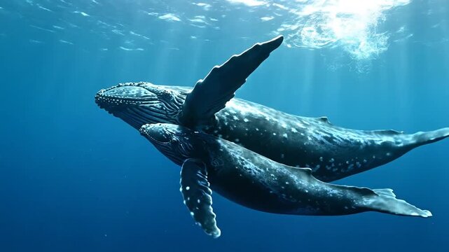A baby whale swims closely beside its large mother in the deep blue ocean, bathed in sunlight