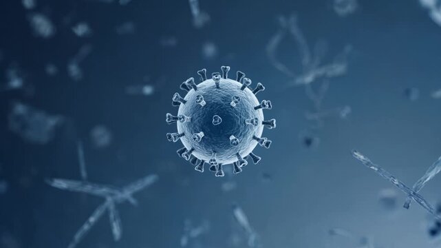 Detailed microscopic rendering of a single HANTAVIRUS particle, suspended in a cold blue environment, showcasing its intricate viral structure and potential health implications