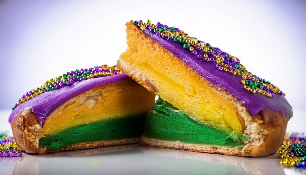 mardi gras king cake slice with colorful icing and sprinkles