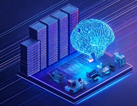 Futuristic Artificial Intelligence Brain Interacting with Digital Data Servers and Circuits