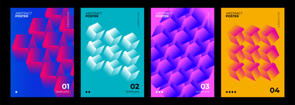 Set of Abstract Posters. 3d block shapes. Vibrant color gradients. Templates for creative futuristic graphic designs. Vector illustration.