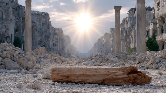 Sunlight shining through destroyed ancient city ruins, disaster and historical destruction concept, dramatic urban landscape scene.