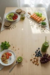 Healthy Food Circle Arrangement with Fruits, Vegetables and Fresh Ingredients on Table. High-quality top-view photograph featuring a beautifully organized circular arrangement  © LeoArtes