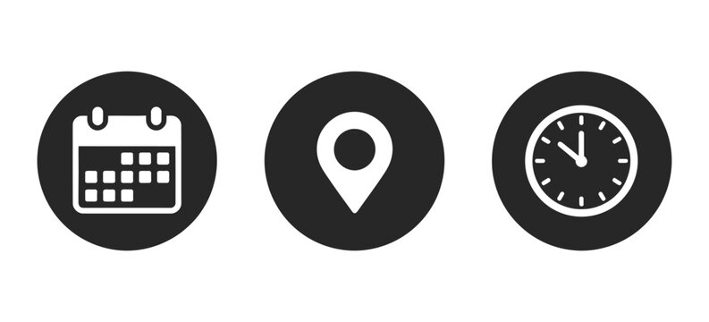 Map pin location icon set, date calendar and clock time symbols, minimal black circle vector illustration for appointment reminder, travel planning, business scheduling.