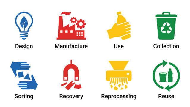 Recycling process infographic: design, manufacture, use, collection, sorting, recovery, reprocessing, and reuse icons.