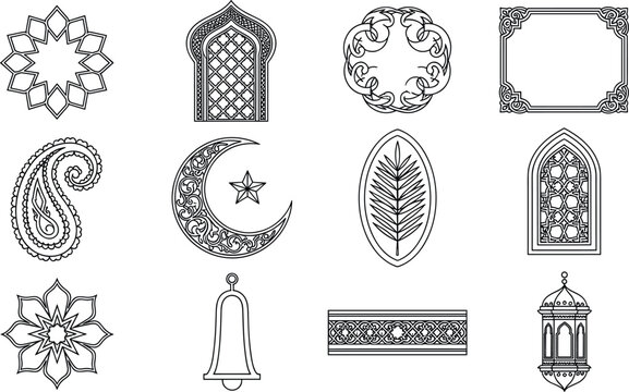 Islamic Ornaments and Ramadan Icon Set Featuring Crescent Moon Lantern Mosque Window Paisley Frame and Floral Patterns for Eid Mubarak DesignsIslamic Ornaments and Ramadan Icon Set Featuring Crescent 