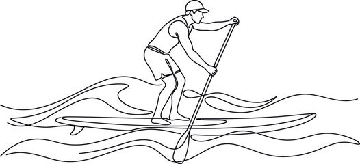 Obraz premium Stand up paddleboarder on wavy water, outline drawing, active lifestyle
