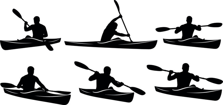 Kayak and Canoe Athlete Silhouette Icon Set Featuring Rowers Paddling in Water for Outdoor Adventure and Extreme Water Sports Graphic DesignsKayak and Canoe Athlete Silhouette Icon Set Featuring Rower