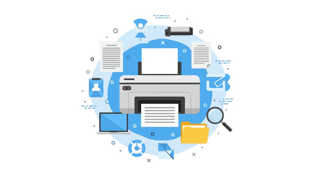 Flat Vector Illustration of Office Printer with Business Document Management Icons and Technology Elements