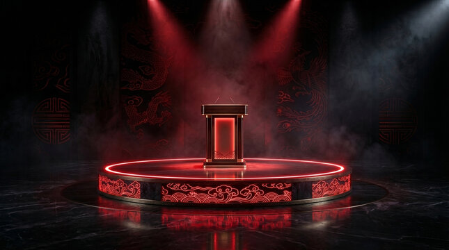 elegant podium with red neon lights and oriental dragon patterns