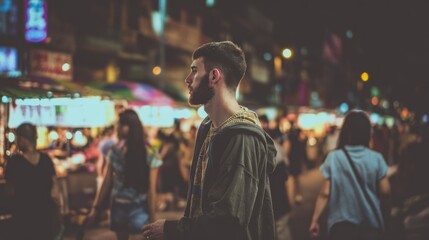 Obraz premium Man stands amidst city lights at dusk lifestyle and travel imagery