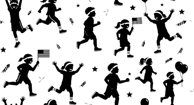 Active children celebrating with flags and balloons pattern
