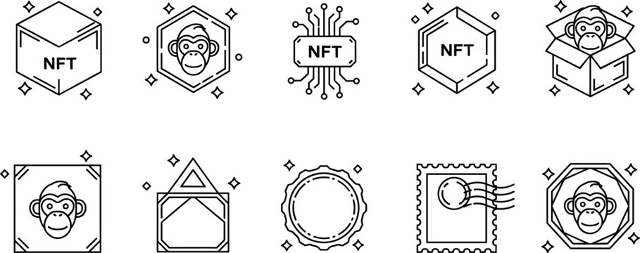 NFT Monkey and Crypto Art Line Icon Set Featuring Bored Ape Avatar Tokens Blockchain Circuits Frames and Digital Asset Collectibles for Web DesignsNFT Monkey and Crypto Art Line Icon Set Featuring Bor