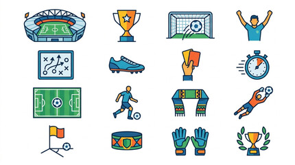 Fototapeta premium Soccer Football Icons Collection Stadium Goal Trophy Player.