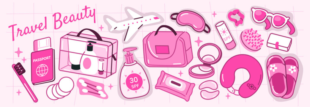 Travel beauty routine and skincare essentials stickers collection. Aesthetic summer vacation packing set with eye patches, sunscreen, sleep mask. Beauty on the go vector doodle illustration.