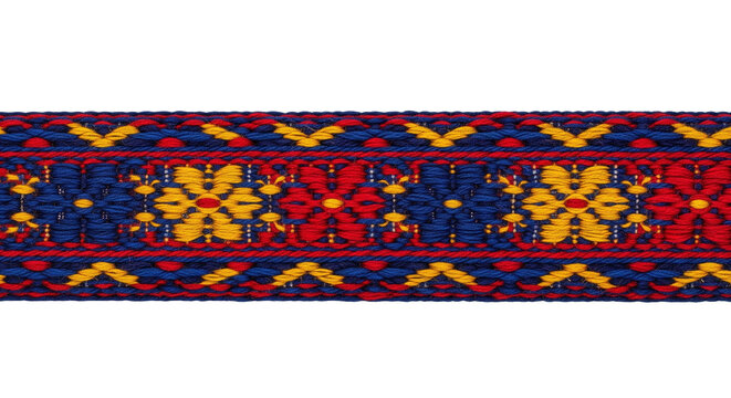 Traditional ethnic woven ribbon with red blue and yellow folk patterns on black background