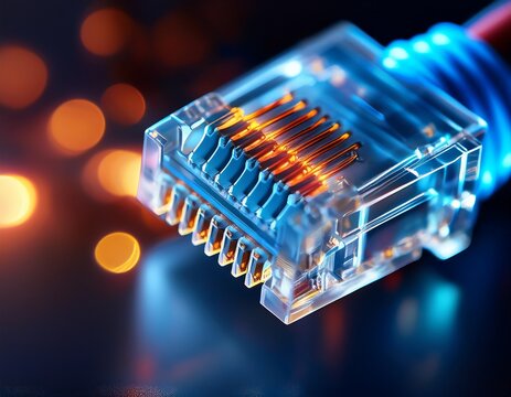 close up detail of high fidelity ethernet cable connector precision