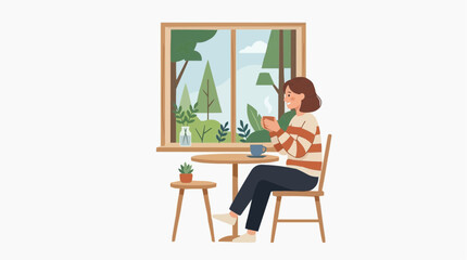 Fototapeta premium Woman Sitting in Chair Looking Out Window Flat Illustration, Thoughtful Relaxing Home Lifestyle Vector