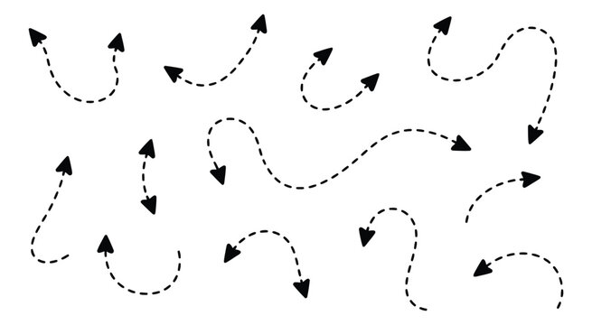 Curved dashed arrows, hand drawn sketch pointer symbols, dotted line direction signs, confusing pathway navigation concept for roadmap, workflow and presentation design.