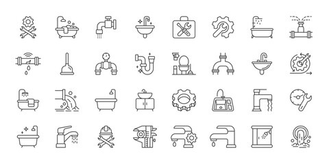 Obraz na płótnie Canvas Plumbing Service icons in line design. plumbing, service, repair, pipe, water, maintenance, tools on white background vector. Plumbing Service editable stroke icon