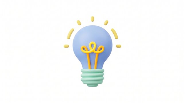 3D stylized blue light bulb with a curly yellow filament and glowing rays on a white background, representing innovation and creative ideas.