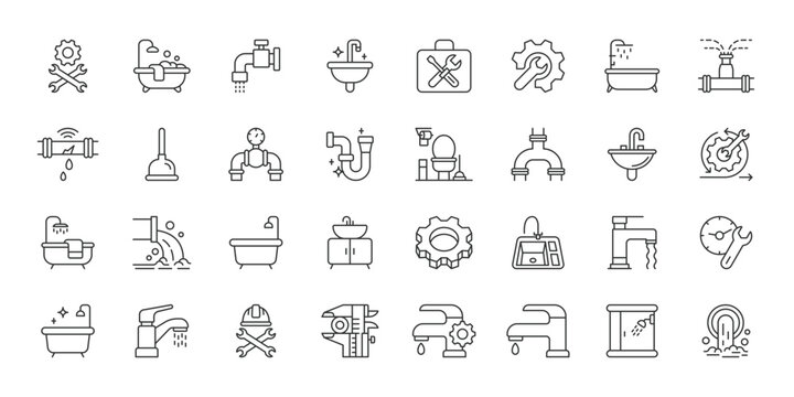 Plumbing Service icons in line design. plumbing, service, repair, pipe, water, maintenance, tools on white background vector. Plumbing Service editable stroke icon