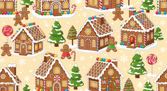 Christmas gingerbread village pattern with houses, trees, and gingerbread men, festive holiday background.