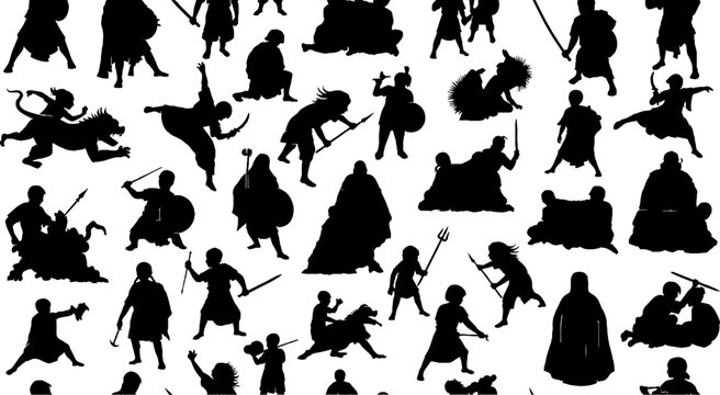 Ancient warriors and gladiators in combat silhouettes