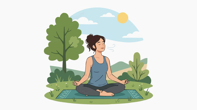 Woman Doing Deep Breathing Exercises Outdoors Flat Illustration, Mindfulness Wellness Lifestyle Vector