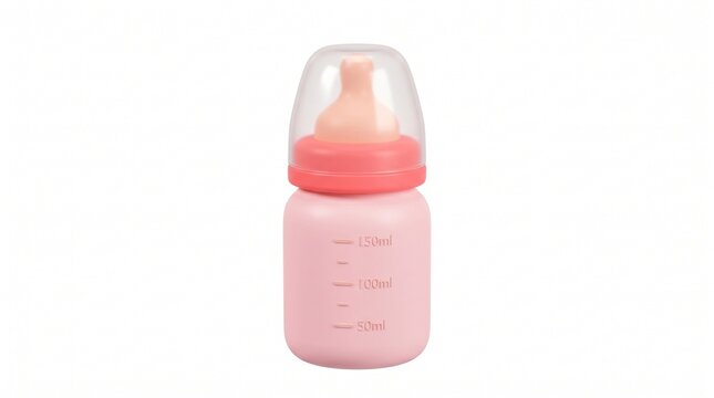 A pink baby feeding bottle with volume markings, a red ring, a soft teat, and a transparent protective cap, isolated on a white background.