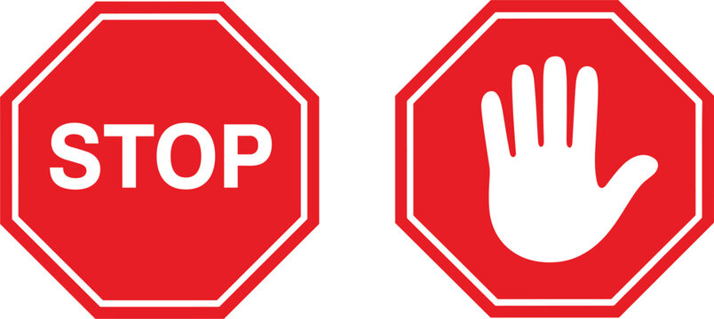 Red octagon stop road signs with text and hand gesture symbol set, traffic safety concept vector