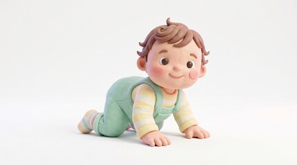 Naklejka premium A cute 3D claymation-style baby boy with brown curly hair and rosy cheeks crawling in mint green overalls against a white background.