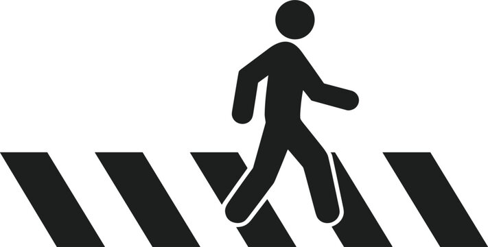 Pedestrian silhouette walking on zebra crosswalk icon, black road safety street crossing concept vector