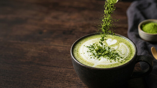 Matcha latte in ceramic cup with falling green tea powder