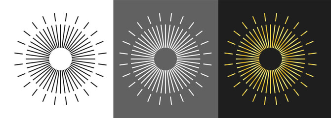 Minimal sunburst with gold rays. Elegant radial design on varied backgrounds. © Taisiia