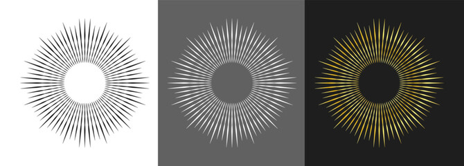 Golden sunburst icon with radial rays. Bright glowing badge on dark background. © Taisiia