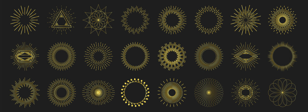 Gold sunburst icon set with vintage rays and circular bursts. Decorative line art design elements.