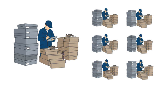 Warehouse worker inspecting shoes in stacks of boxes, inventory management concept