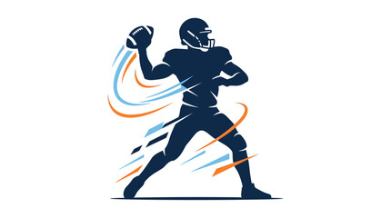 Fototapeta premium American football player throwing a ball in dynamic silhouette style with blue and orange motion swirl lines on a isolated clean white background design