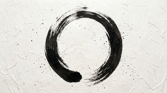 Zen enso circle Japanese ink brush stroke with splatters on textured rice paper