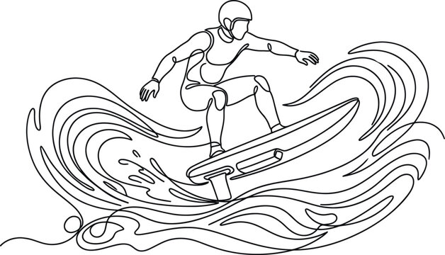 Surfer Riding Hydrofoil Board in Ocean Waves, Line Art Illustration