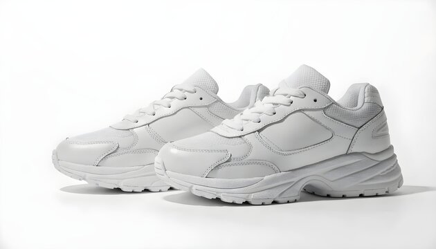 Pair of white chunky sole sneakers on a white background