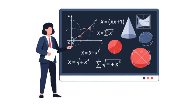 Female Math Teacher Explaining Complex Algebra and Geometry Formulas on Digital Screen Illustration