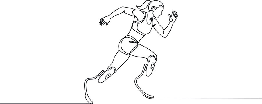 Female runner with prosthetic legs, line art, determined sprint, athletic competition