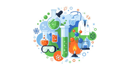 Fototapeta premium Flat Vector Illustration of Science Laboratory Equipment with Beakers, Test Tubes, and Molecules for Chemistry and Biotech Research Concepts