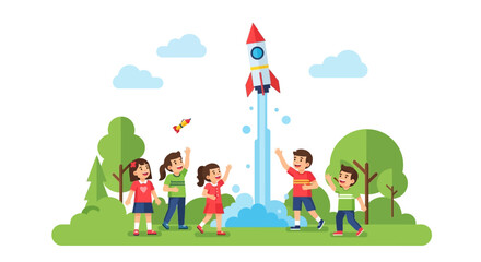 Fototapeta premium Diverse Group of Happy Children Launching a Toy Rocket in a Park, STEM Education and Science Learning Concept Vector Illustration