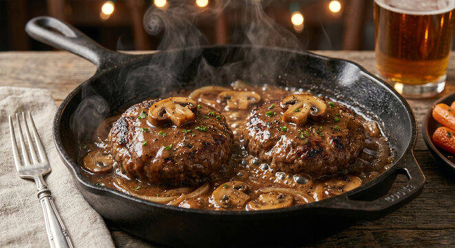 A close-up shot looking down into a rustic, seasoned black cast-iron skillet. Inside, two Salisbury steak patties are simmering gently in a bubbling, 