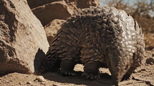 A solitary pangolin curled into a protective ball amidst rocky terrain